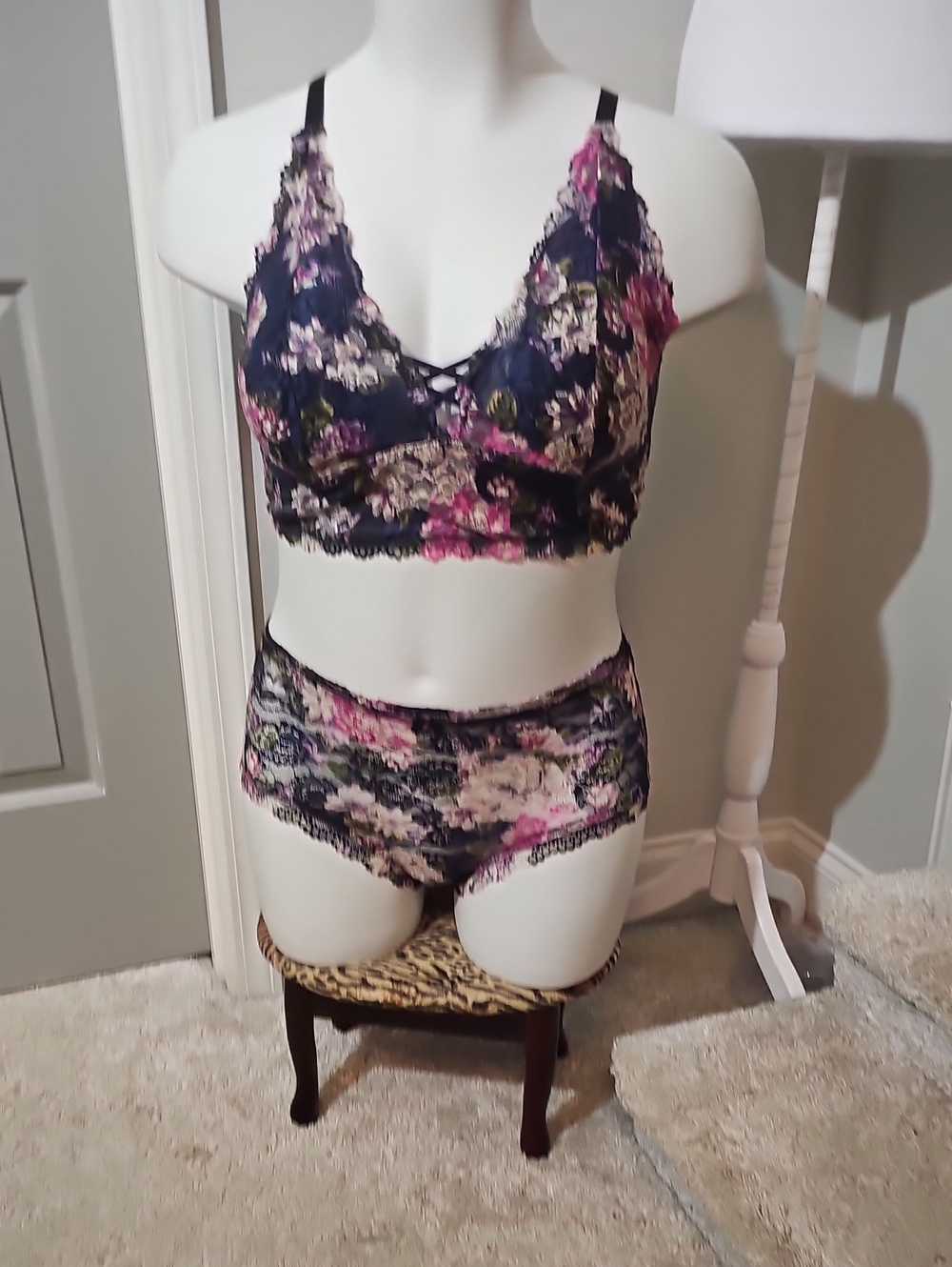 Torrid Navy Floral Lace Bralette & Brief Set with Pink Accents